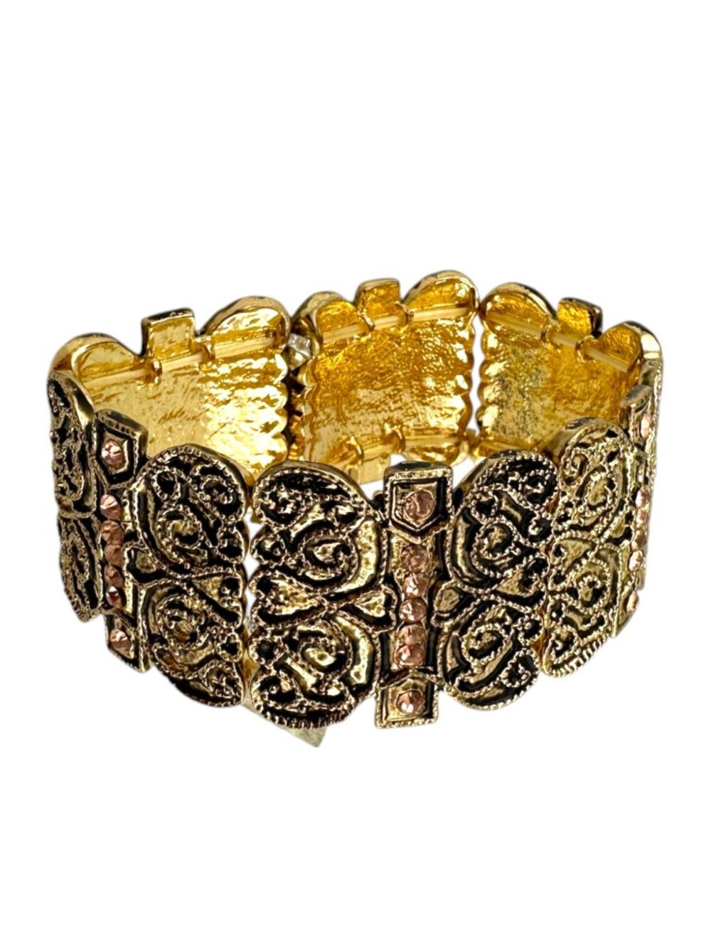 Macy's Wide Filigree Stretch Bracelet Antiqued Gold Tone Rhinestones NWT NOS